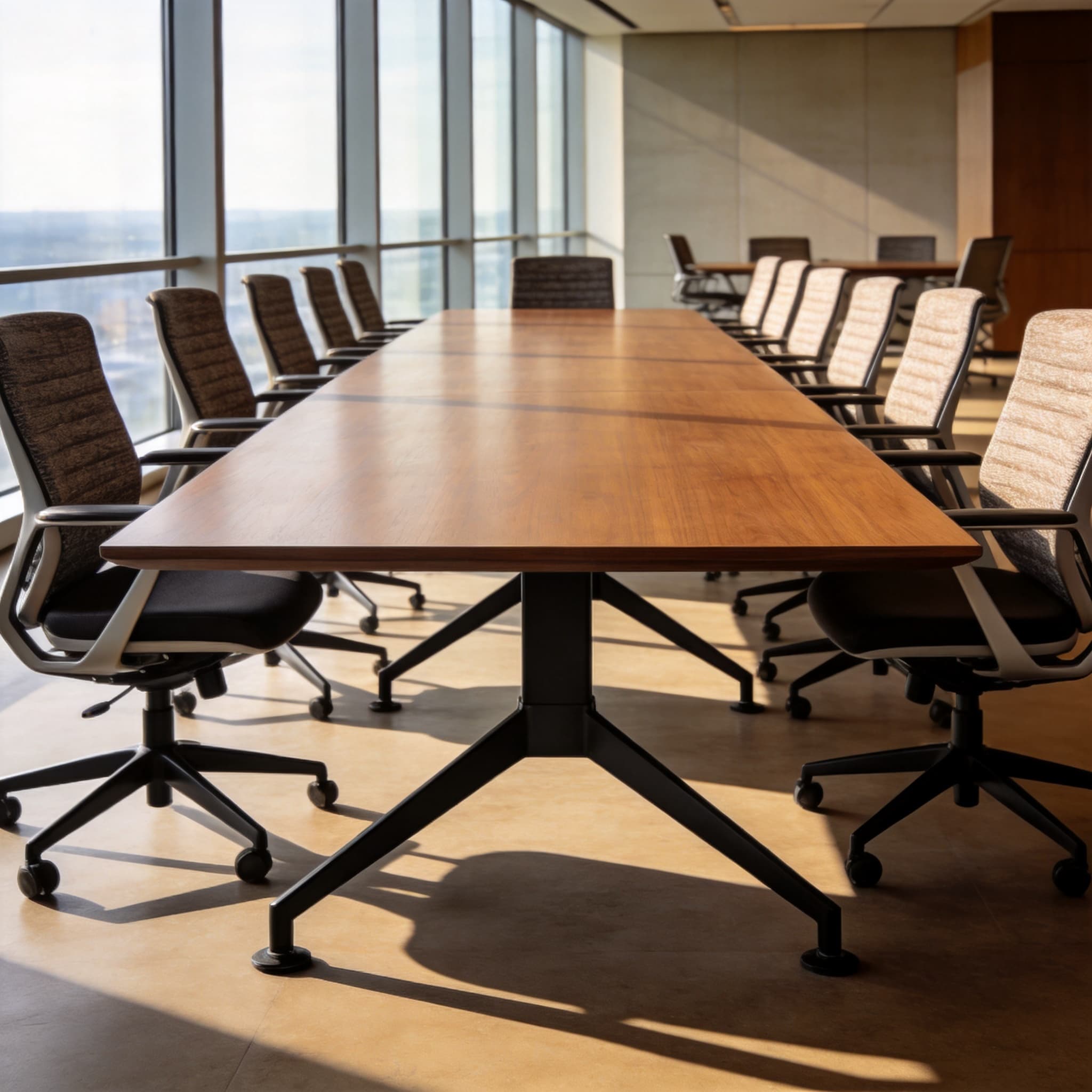 Long conference table in executive meeting room