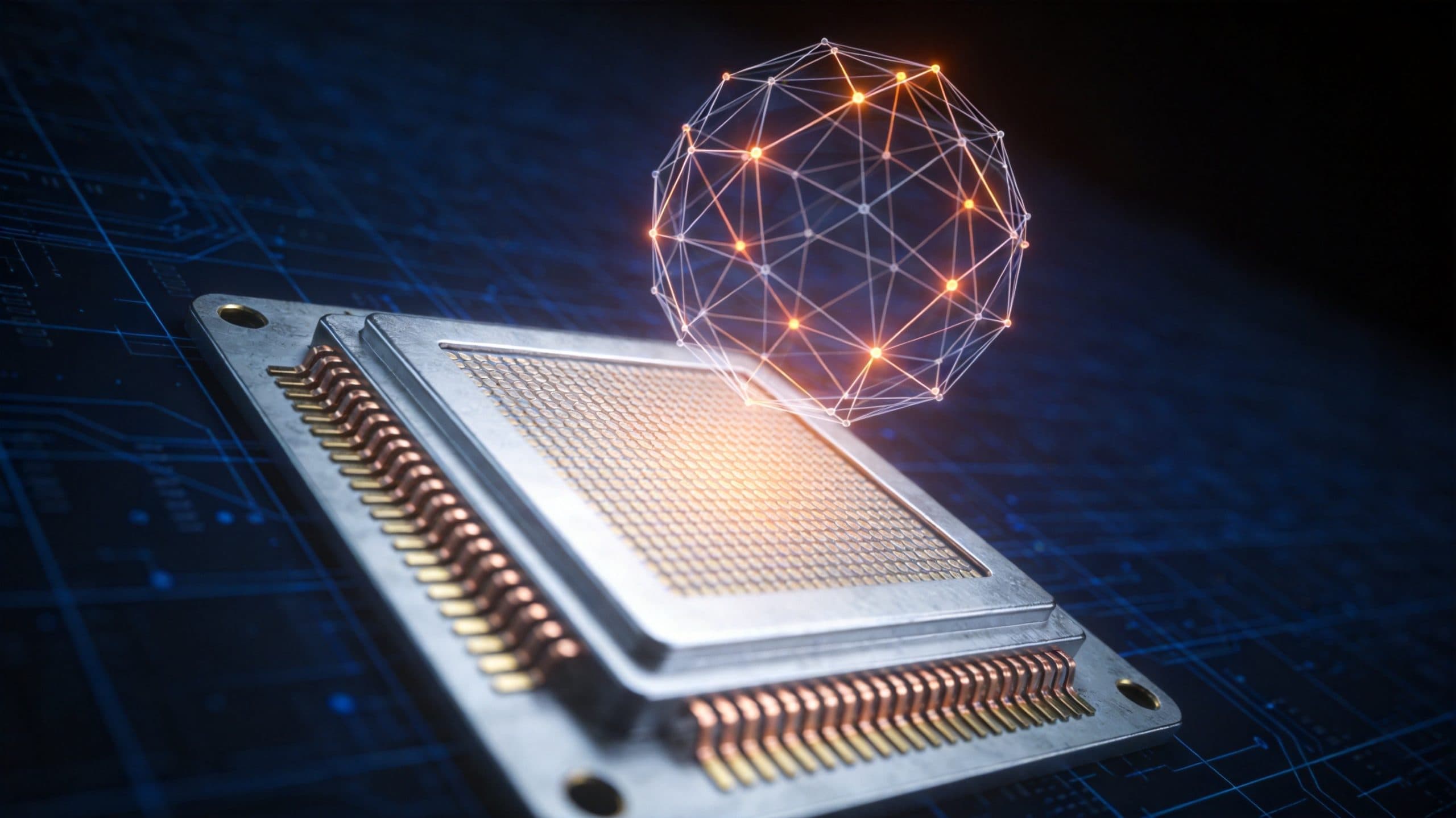 Abstract neural network mesh above a GPU chip die