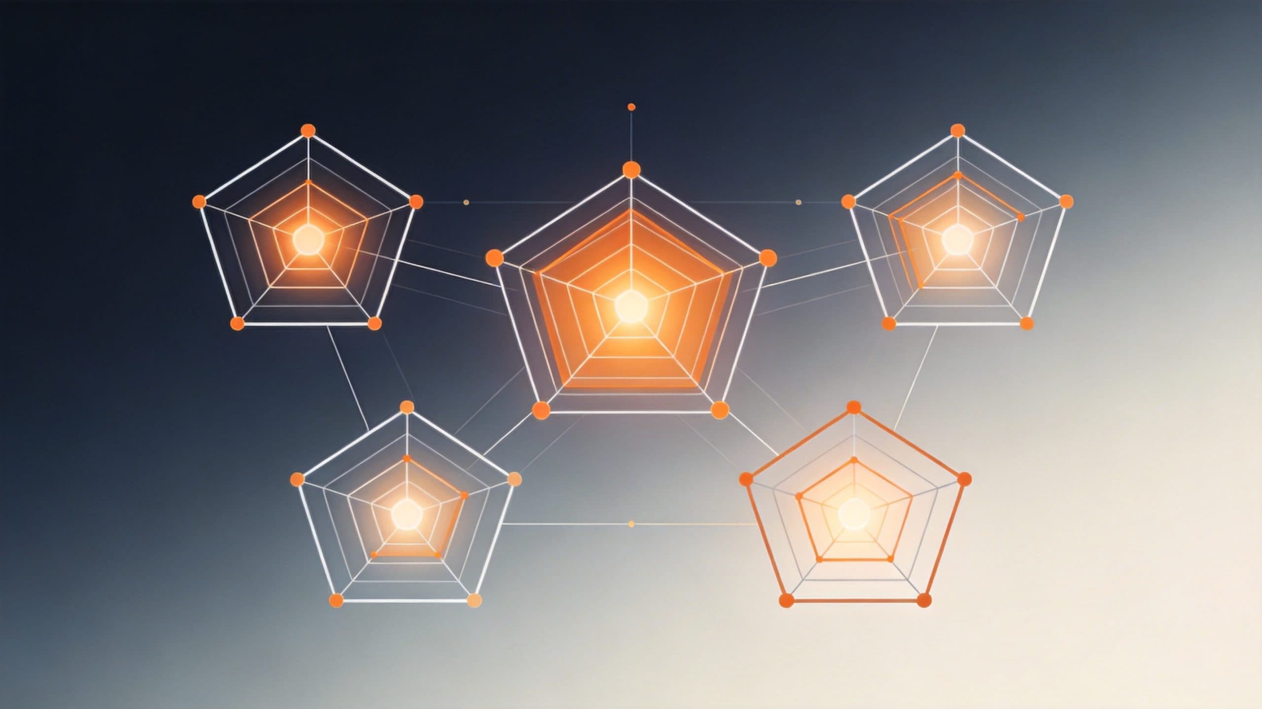 Five pentagon radar charts connected in a network for the 5 GEO metrics
